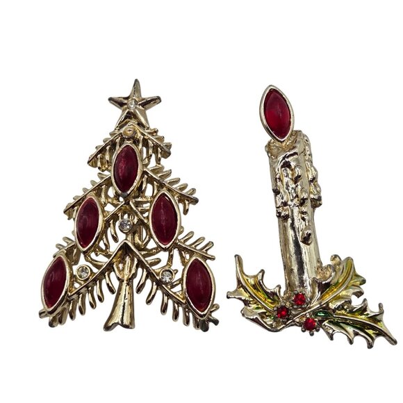 Vtg Tancer II Christmas Tree Candle Brooch Lot Holiday Red Cab Rhinestone Pins - Picture 1 of 13